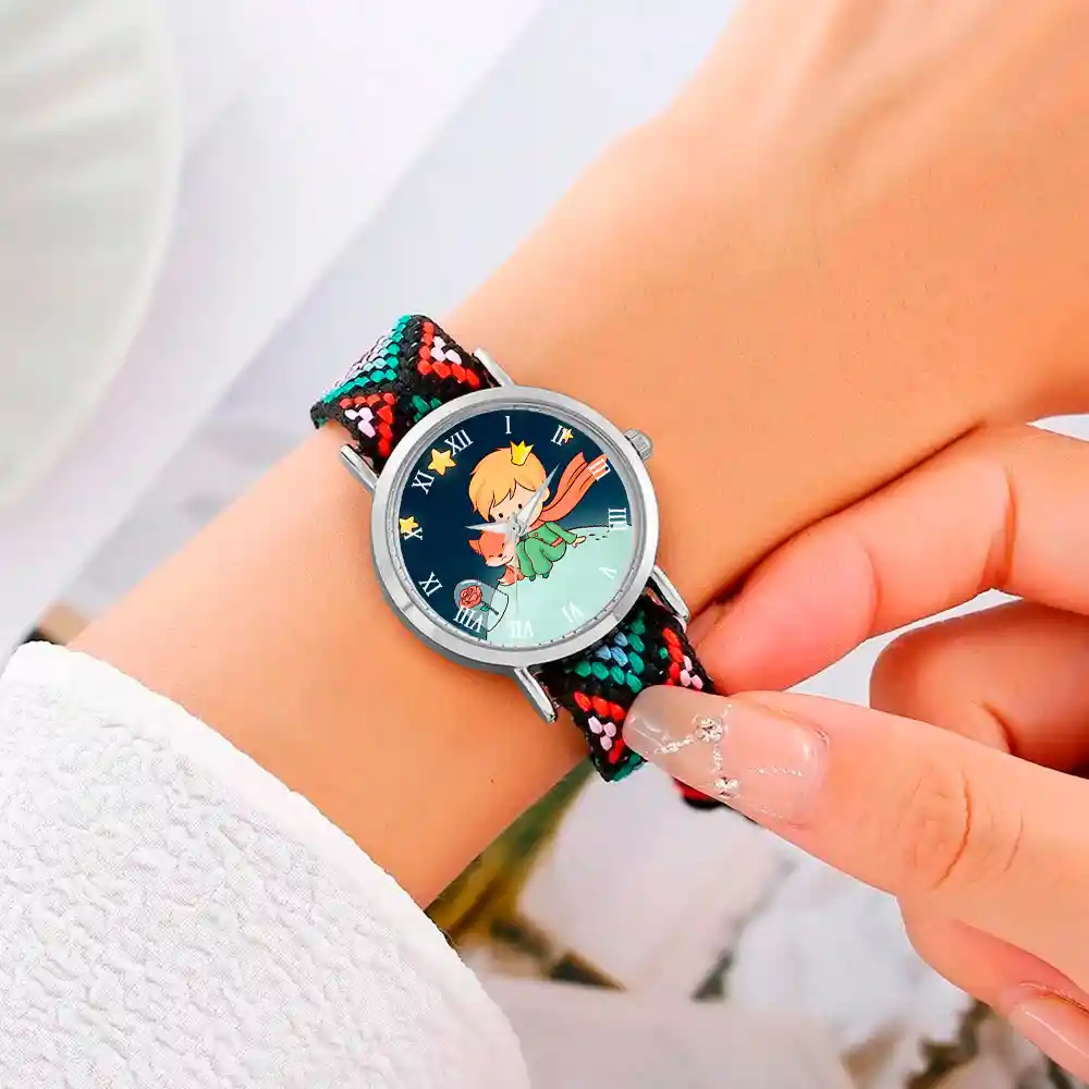 Reloj Principito Zorrito Plateado Tejido Artesanal + Estuche