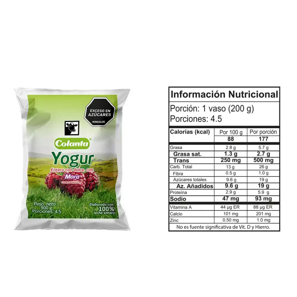 Yogur Entero Mora Colanta Bolsa X 900 G