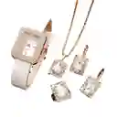 Kit Reloj Blanco Cuadrado Para Mujer + Juego De Collar Aretes