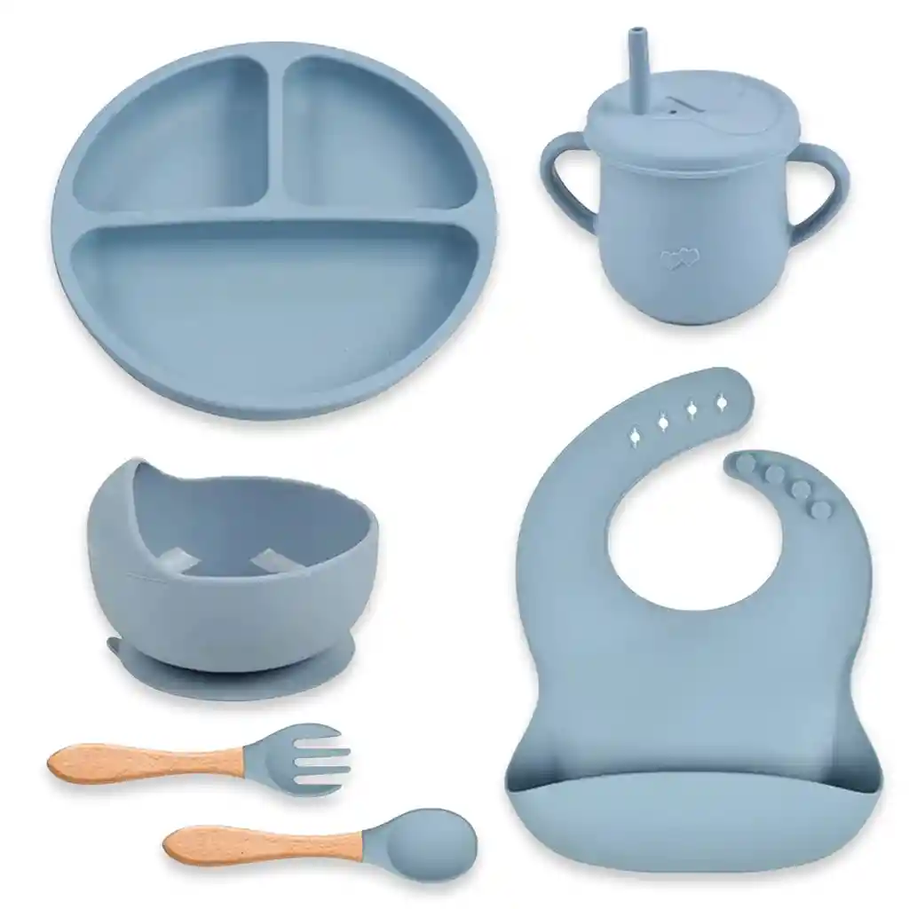 Set 7 Piezas Vajilla Alimentacion Silicona Para Bebe Azul