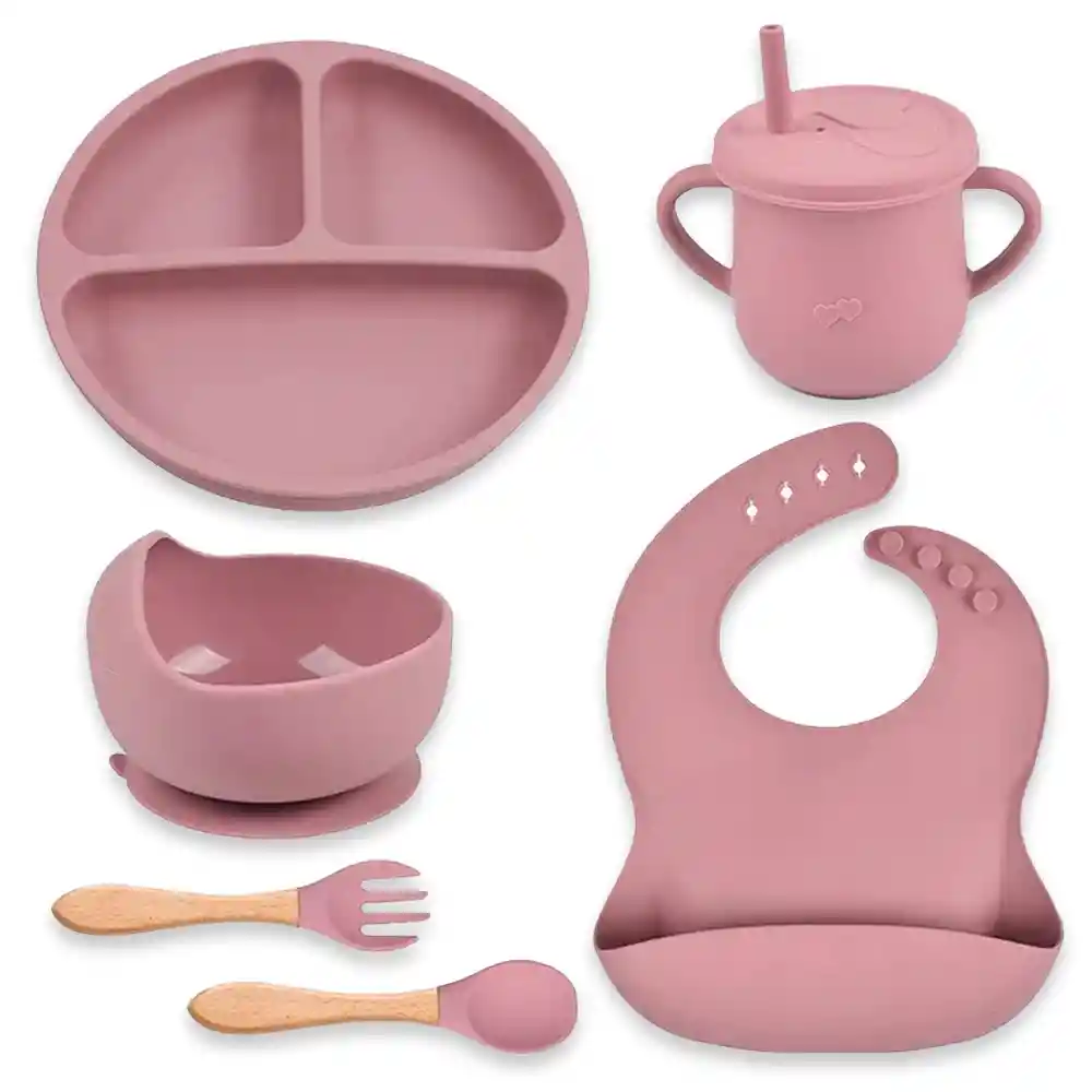 Set 7 Piezas Vajilla Alimentacion Silicona Para Bebe Rosado