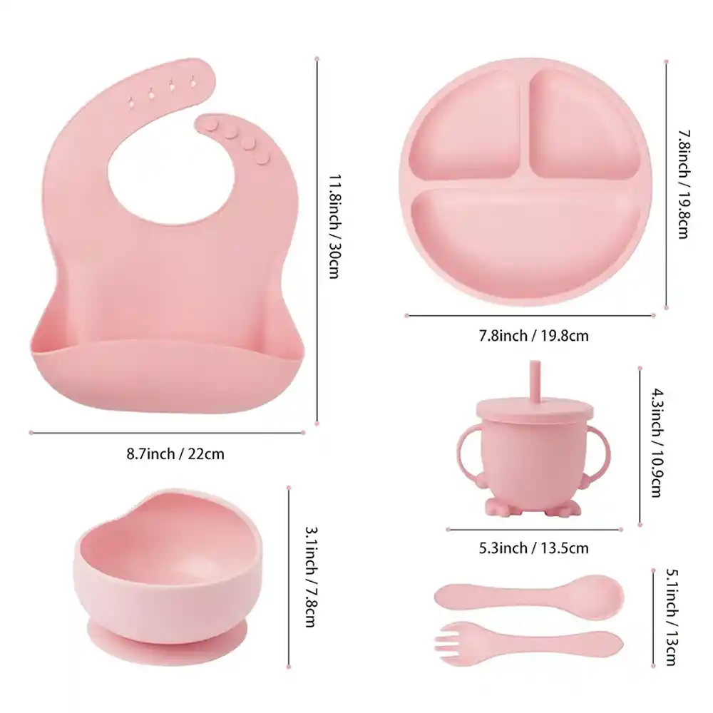 Set 7 Piezas Vajilla Alimentacion Silicona Para Bebe Rosado