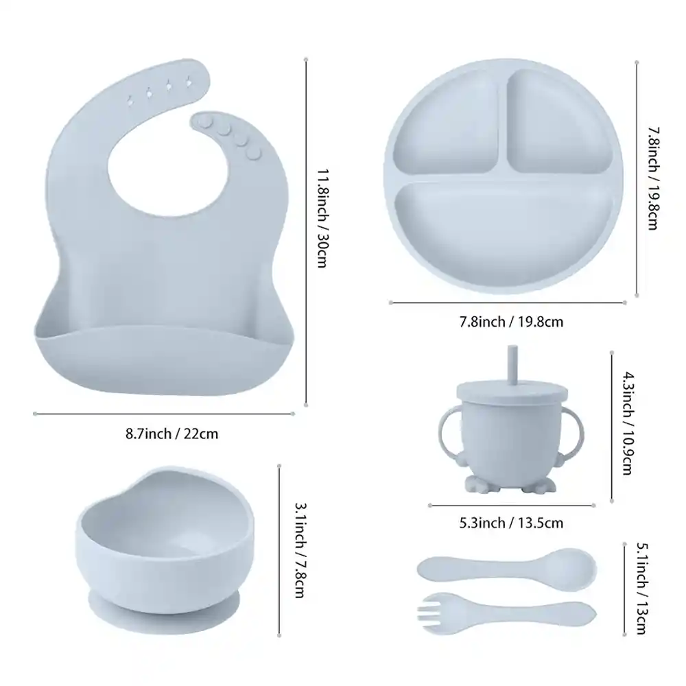 Set 7 Piezas Vajilla Alimentacion Silicona Para Bebe Gris