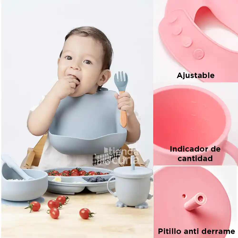 Set 7 Piezas Vajilla Alimentacion Silicona Para Bebe Gris