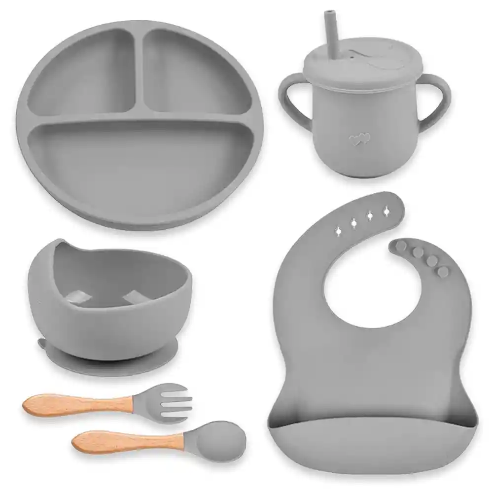 Set 7 Piezas Vajilla Alimentacion Silicona Para Bebe Gris