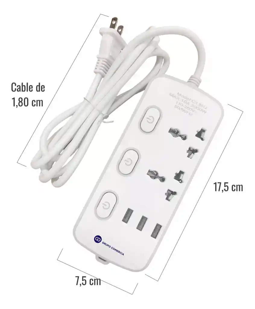 Multitoma Extensión De Corriente Con Switch 3 Usb 2500w