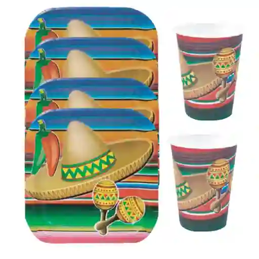 Set 10 Platos Torta + 10 Vasos Desechables Fiesta Mexicana