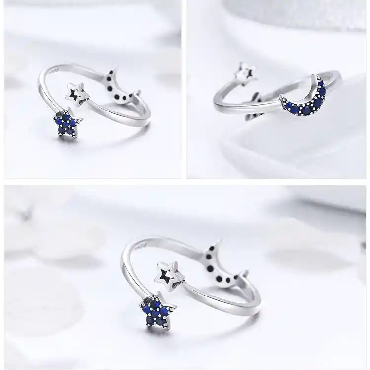 Anillo Luna Y Estrellas Ajustable Para Mujer En Plata 925