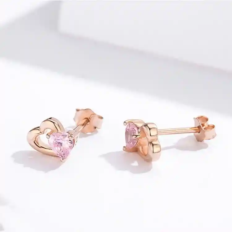 Aretes Topos Corazón Cristal Rosado Para Mujer En Plata 925