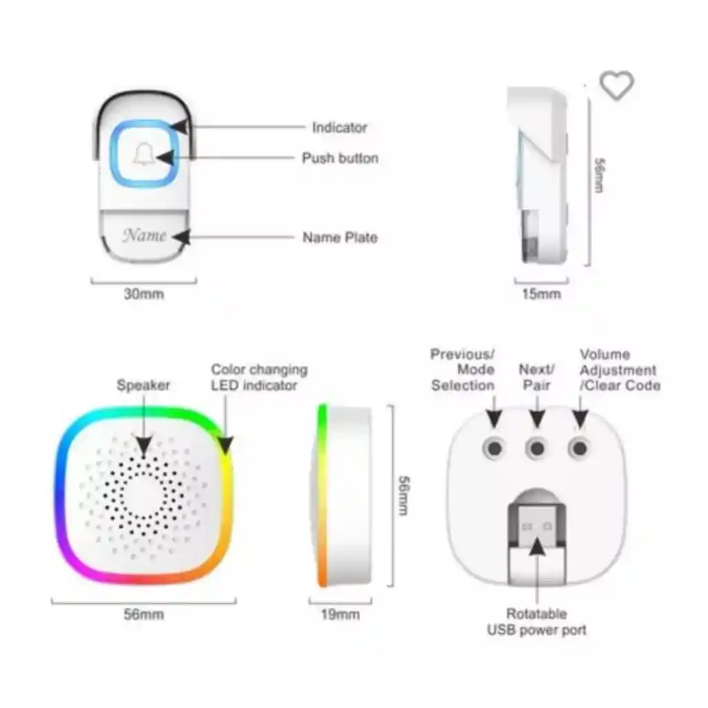 Timbre Inalámbrico Varios Tonos Varios Niveles Indicador Led