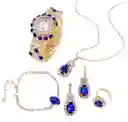 Kit Reloj Pulsera Azul Dorado Para Mujer + Juego De Collar Aretes