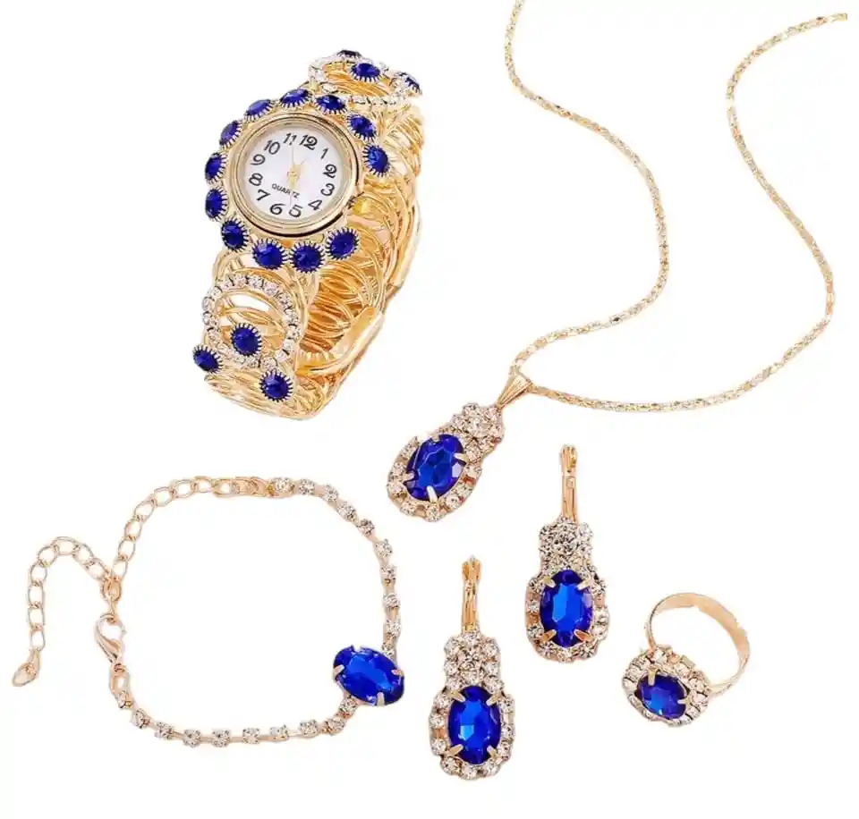 Kit Reloj Pulsera Azul Dorado Para Mujer + Juego De Collar Aretes