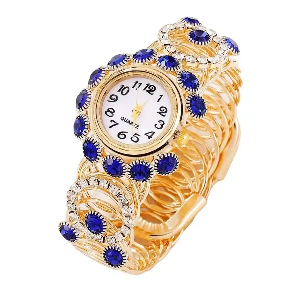 Kit Reloj Pulsera Azul Dorado Para Mujer + Juego De Collar Aretes