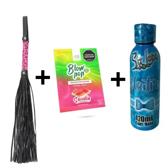 Kit Látigo Luke Sadomasoquismo Bondage Bdsm + Dulces Explosivo Blow Pop Tipo Quipito Para Sexo Oral Comestible + Lubricante Neutro 120 Ml Sex Love