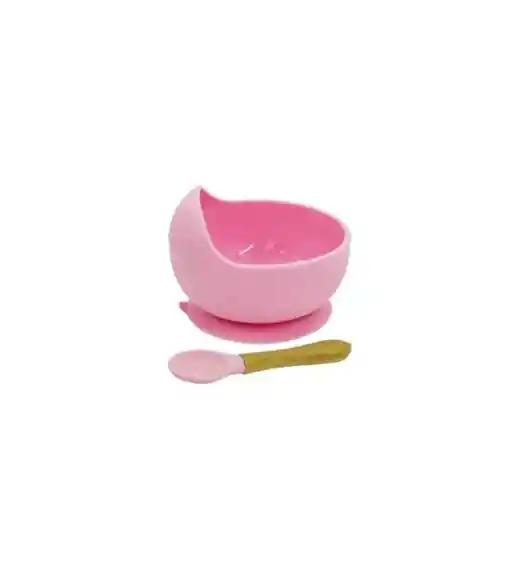 Plato Bowl Bebe De Silicona Con Chupa Cuchara Antideslizante Rosa Claro