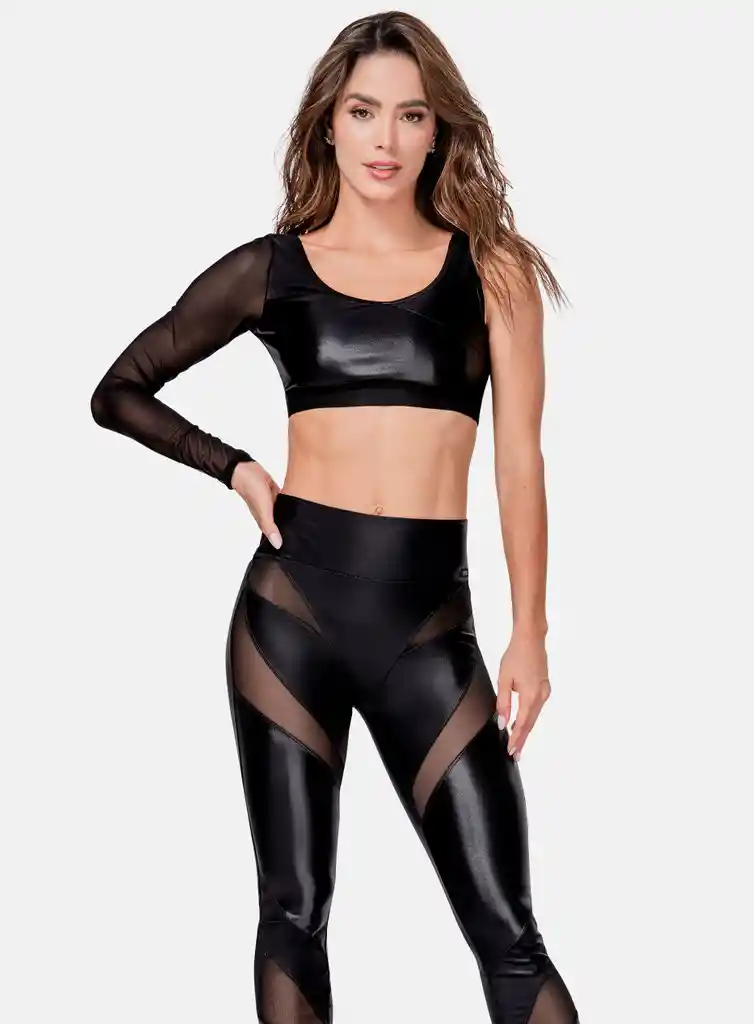 Top Deportivo Mujer Tela Apariencia Cuero Con Manga En Tela Semi Transparente Talla S - M