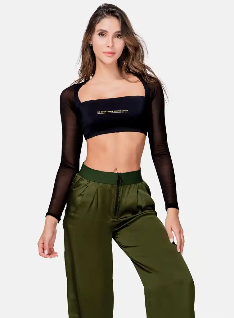 Top Deportivo Mujer Manga Larga Estampado En Tela Semi Transparente Talla S - M