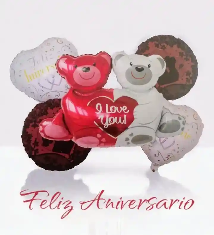 Bouquet X5 Globos Metalizados Feliz Aniversario Oso Love