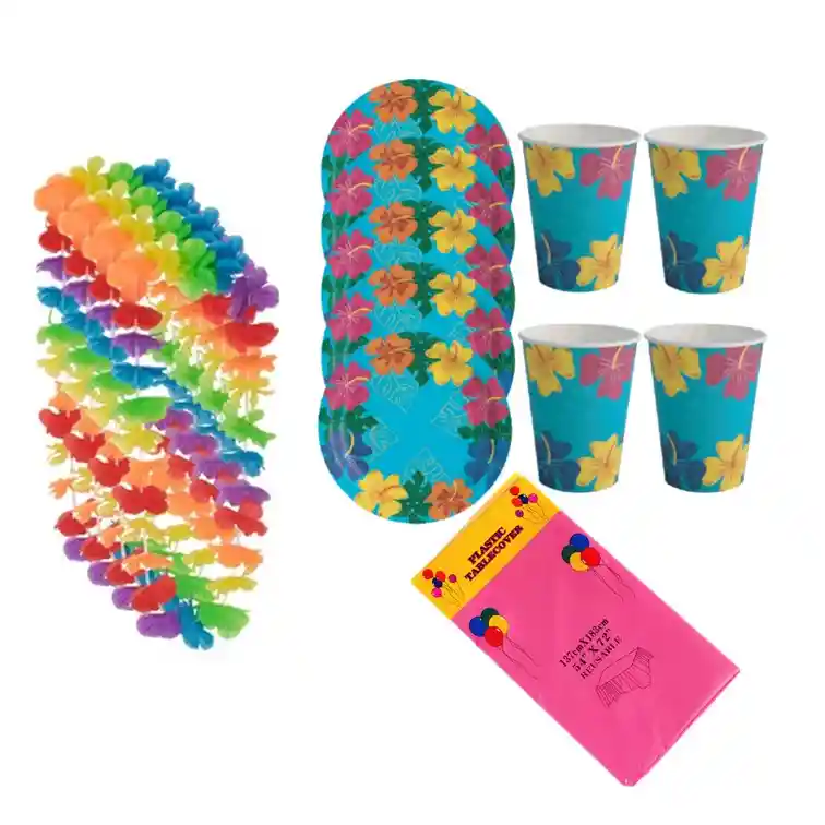 Kit Fiesta Hawaiano Plato Vaso Mantel Collares