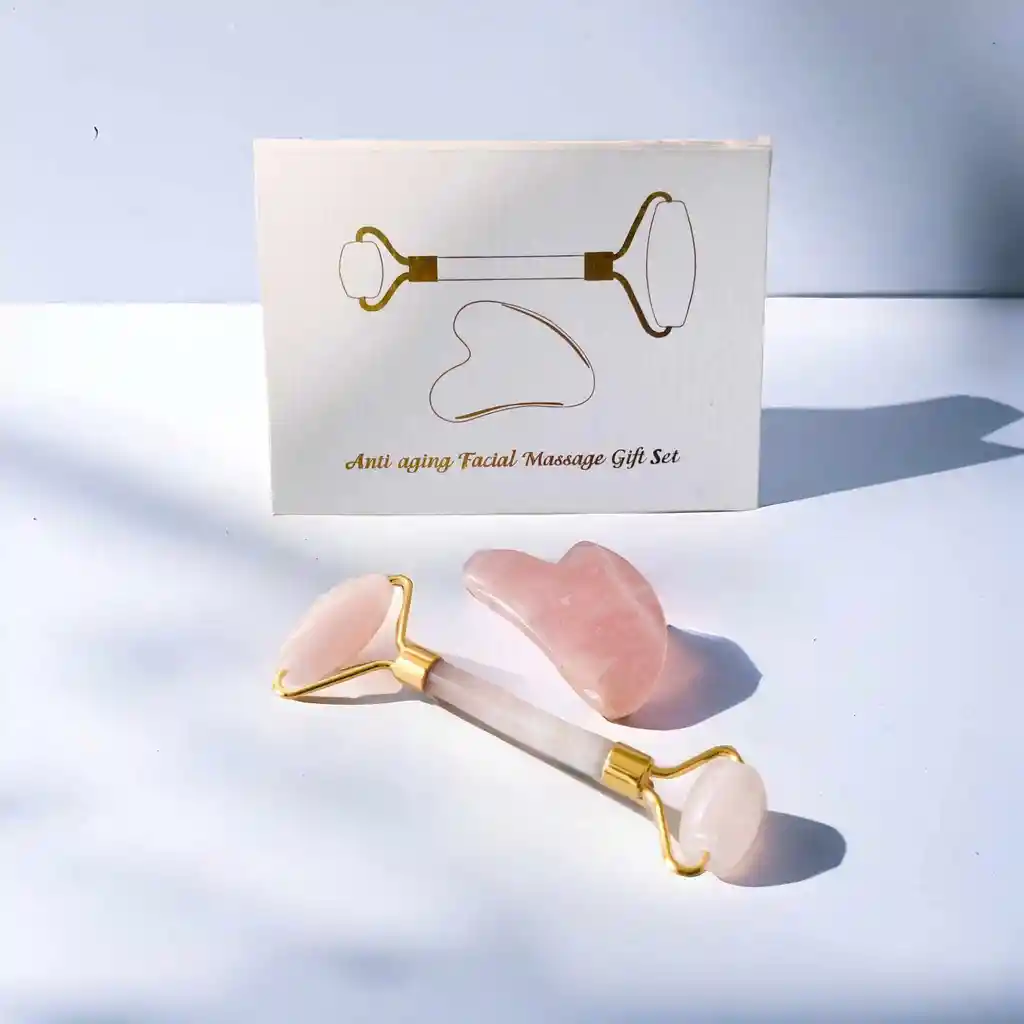 Kit Masajeador Facial + Gua Sha Facial Cuarzo Rosa