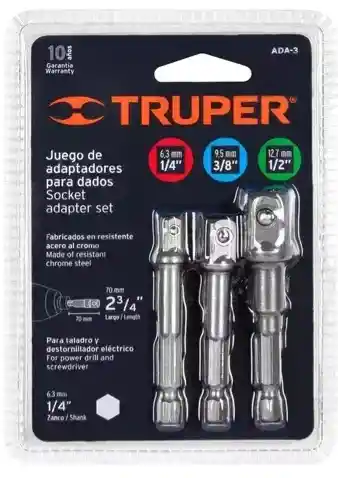 Juego Copa Taladro 3 Adaptadores 1/4,3/8, 1/2 Lg 3 Truper 10752