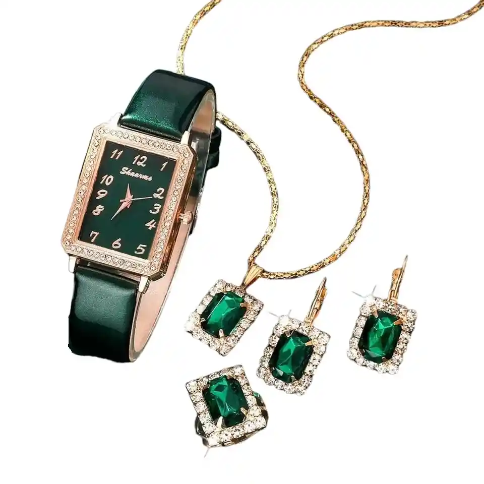 Kit Reloj Cuadrado Verde Para Mujer + Juego De Collar Aretes