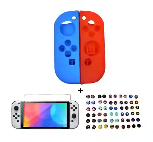 Silicona Joycon Neon + Vidrio Templado + 2 Grips Para Switch Oled