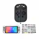 Silicona Joycon Negro + Vidrio Templado + 2 Grips Para Switch Oled