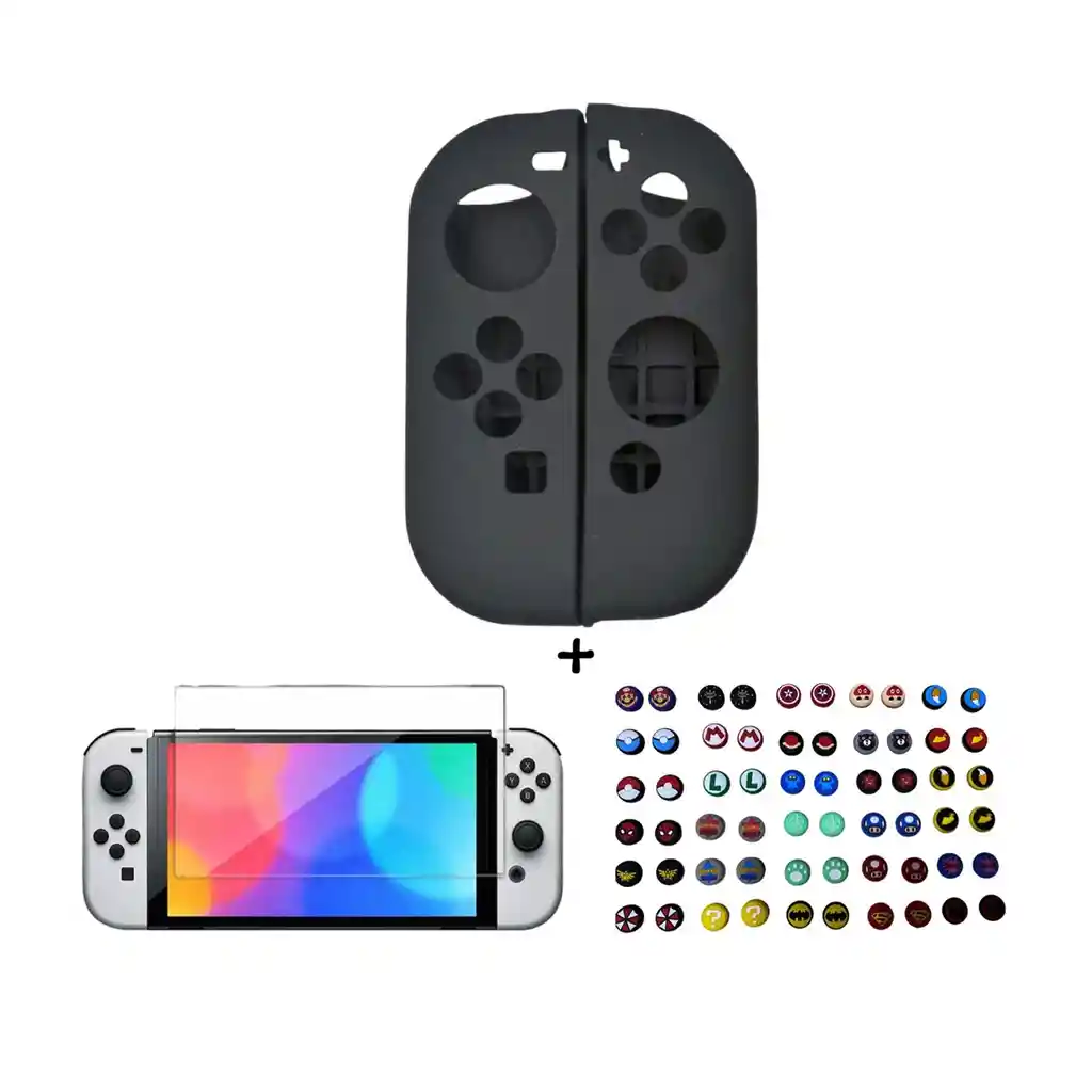 Silicona Joycon Negro + Vidrio Templado + 2 Grips Para Switch Oled