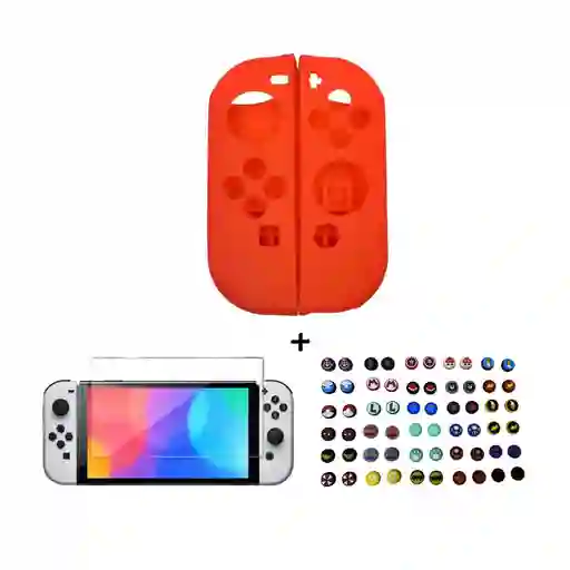 Silicona Joycon Rojas + Vidrio Templado + 2 Grips Para Switch Oled