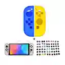 Silicona Joycon Azul - Amarillo + Vidrio Templado + 2 Grips Para Switch Oled