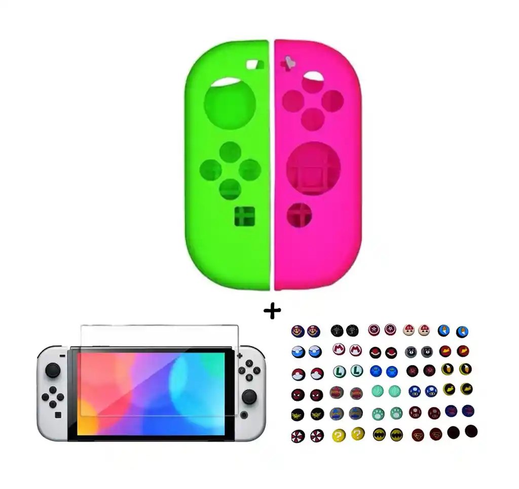 Silicona Joycon Rosa - Verde + Vidrio Templado + 2 Grips Para Switch Oled