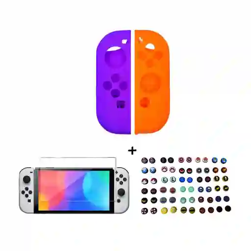 Silicona Joycon Morado - Naranja + Vidrio Templado + 2 Grips Para Switch Oled