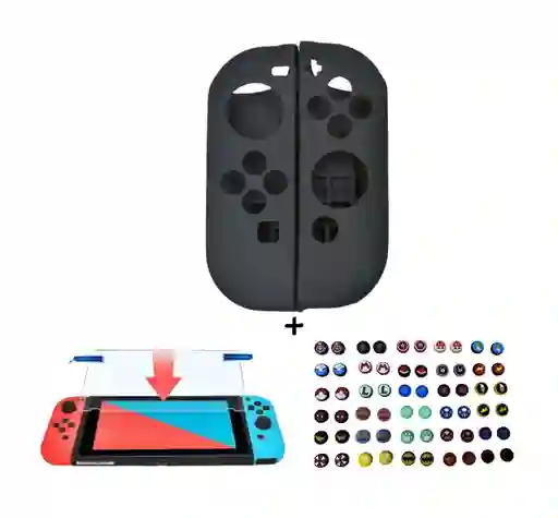 Silicona Joycon Negro + Vidrio Templado + 2 Grips Para Nintendo Switch