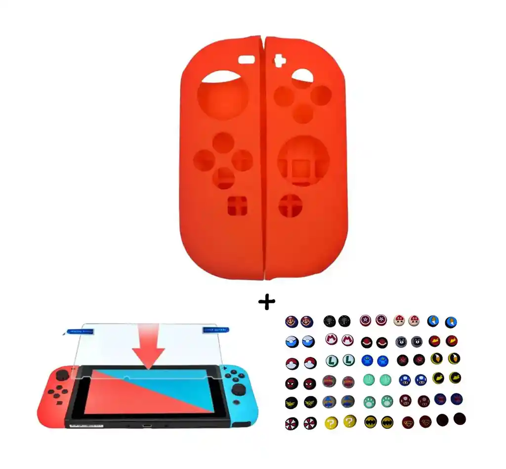 Silicona Joycon Rojas + Vidrio Templado + 2 Grips Para Nintendo Switch