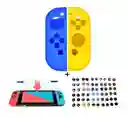 Silicona Joycon Azul - Amarillo + Vidrio Templado + 2 Grips Para Nintendo Switch