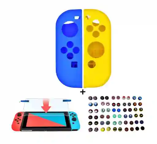 Silicona Joycon Azul - Amarillo + Vidrio Templado + 2 Grips Para Nintendo Switch