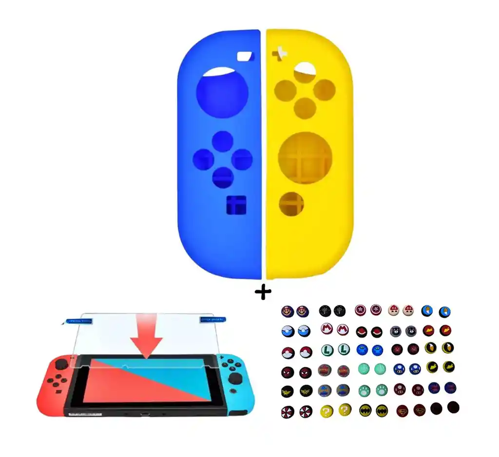 Silicona Joycon Azul - Amarillo + Vidrio Templado + 2 Grips Para Nintendo Switch