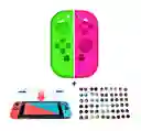 Silicona Joycon Rosa - Verde + Vidrio Templado + 2 Grips Para Nintendo Switch