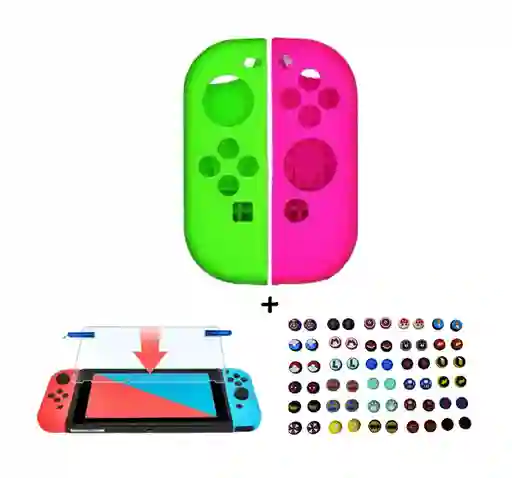 Silicona Joycon Rosa - Verde + Vidrio Templado + 2 Grips Para Nintendo Switch