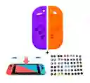 Silicona Joycon Morado - Naranja + Vidrio Templado + 2 Grips Para Nintendo Switch