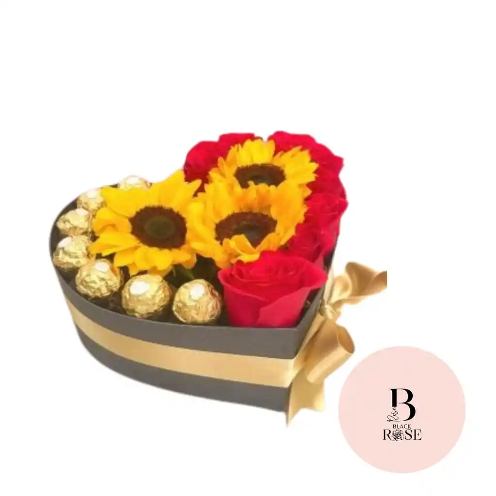 Rosas Y Girasoles Con Chcolates En Caja De Corazon