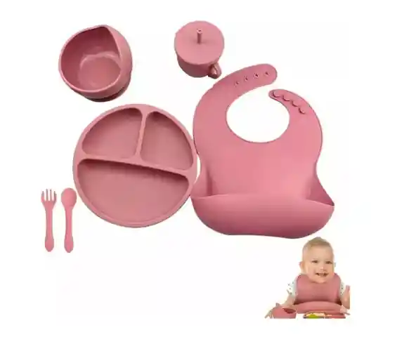 Kit Alimentación Bebe Niño Vajilla Silicona Plato Babero ( Rosa)