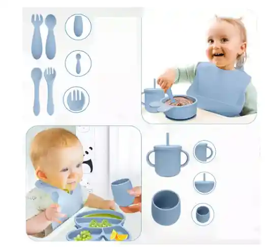 Kit Alimentación Bebe Niño Vajilla Silicona Plato Babero ( Rosa)