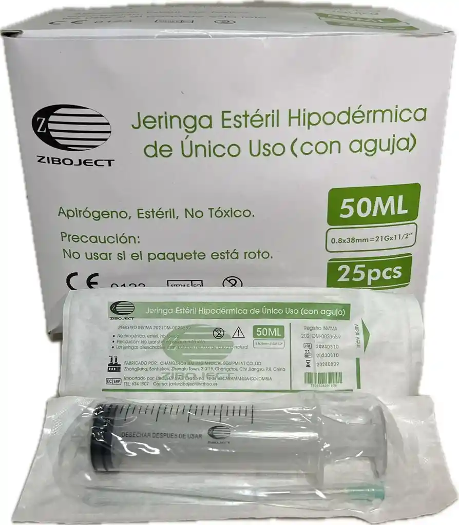 Jeringa 50ml Con Aguja 21gx11/2", 3 Partes, L.lock, Caja X 100 Unds