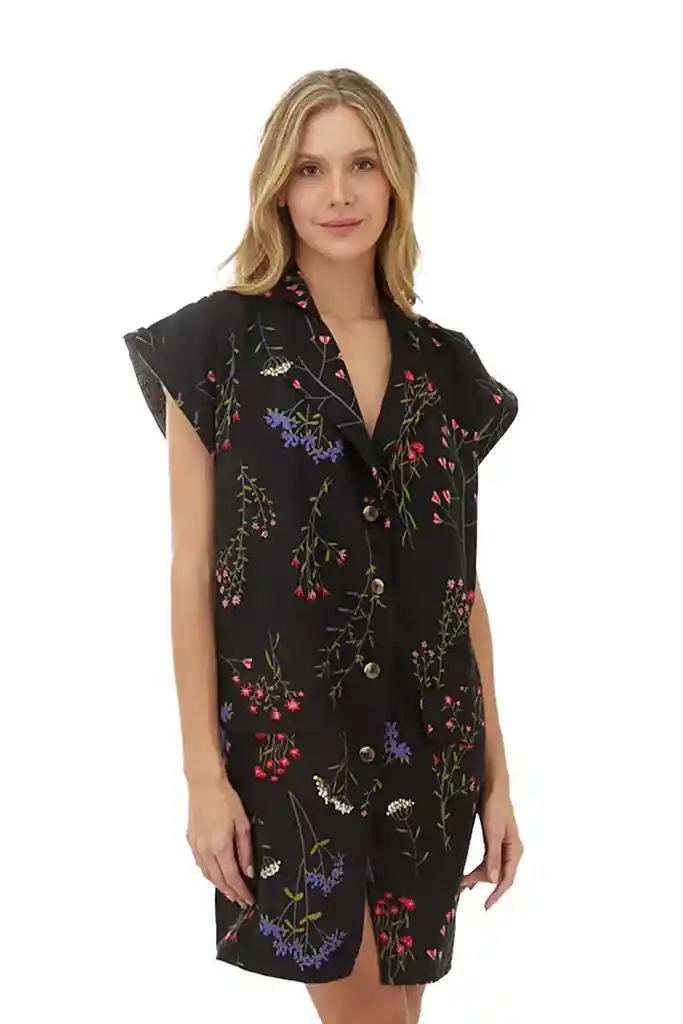Vestido Corto Lotus Estampado Floral Negro Xs Mercedes Campuzano