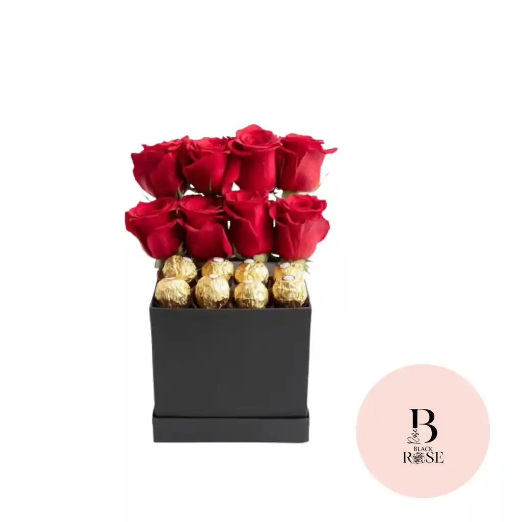 Rosas Rojas Y Ferrero Rocher En Caja Cuadrada