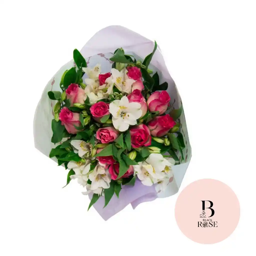 Rosas Fucsias Y Astromelia Blanca En Bouquet