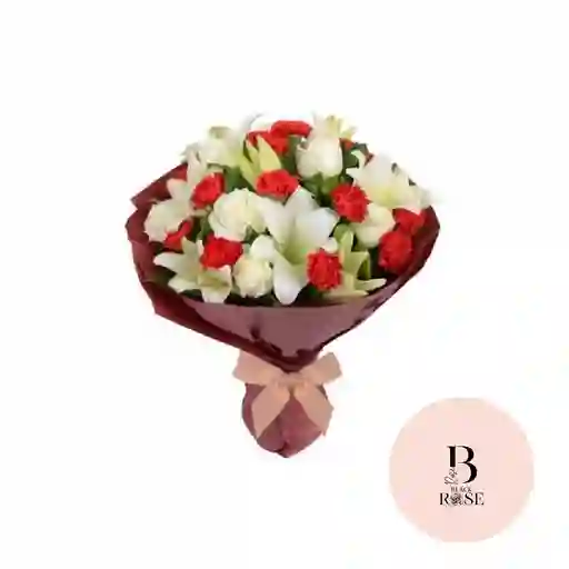Rosas Blancas, Lirios Blanco, Clavel Rojo En Bouquet
