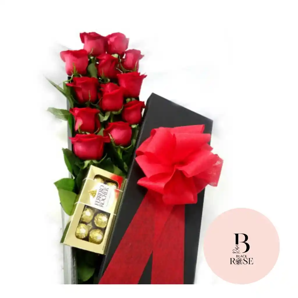 Rosas Rojas Con Ferrero Rocher En Caja Rectangular